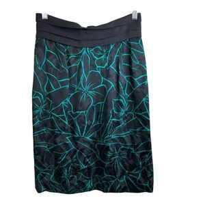 Vintage Flora Kung Women's Black Green Floral Knee Length Silk Skirt Est. Size S